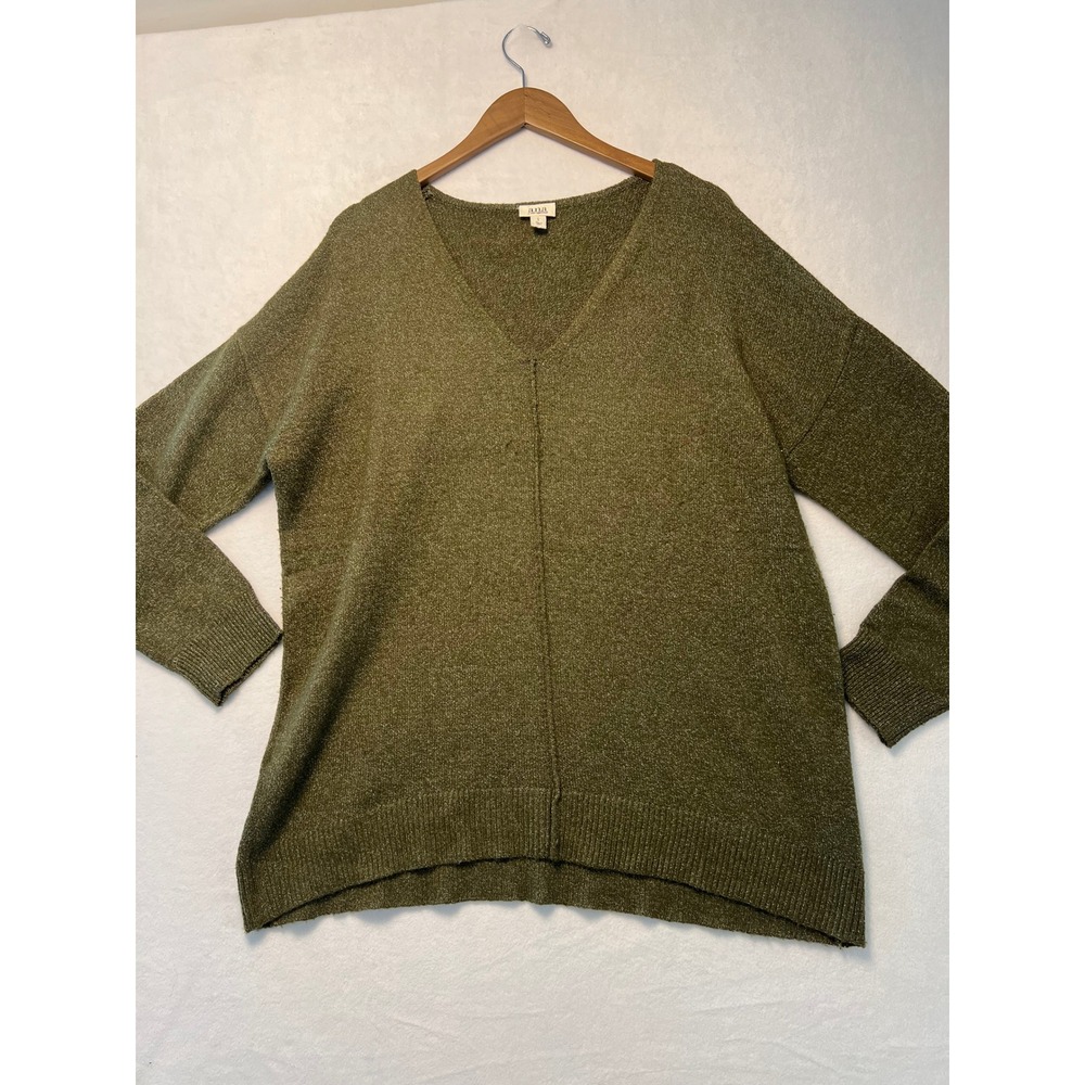 A.N.A Large Sweater Casual Minimalist Olive Green V-Neck Seam Front Knit Preppy